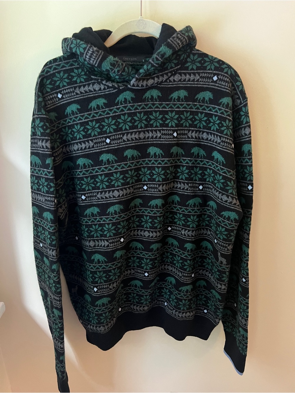 Greyson Black and Green Fair Isle Crewneck Cashmere Wool Sweater Hoodie